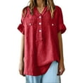thumbnail image 7 of Women's Short Sleeve T-shirt Women'S Relaxed Fit Linen Shirt - Button Down Casual Blouse,Red Women's Short sleeve T-shirt 2XL, 7 of 7