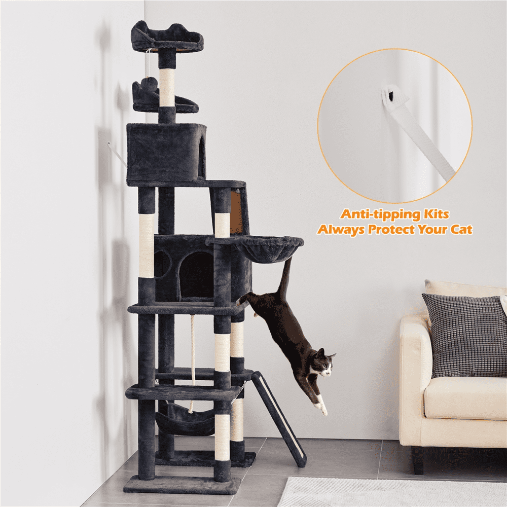 Alden Design 82.5" H Multi Level Cat Tree with 2 Cozy Condos and Basket, Black