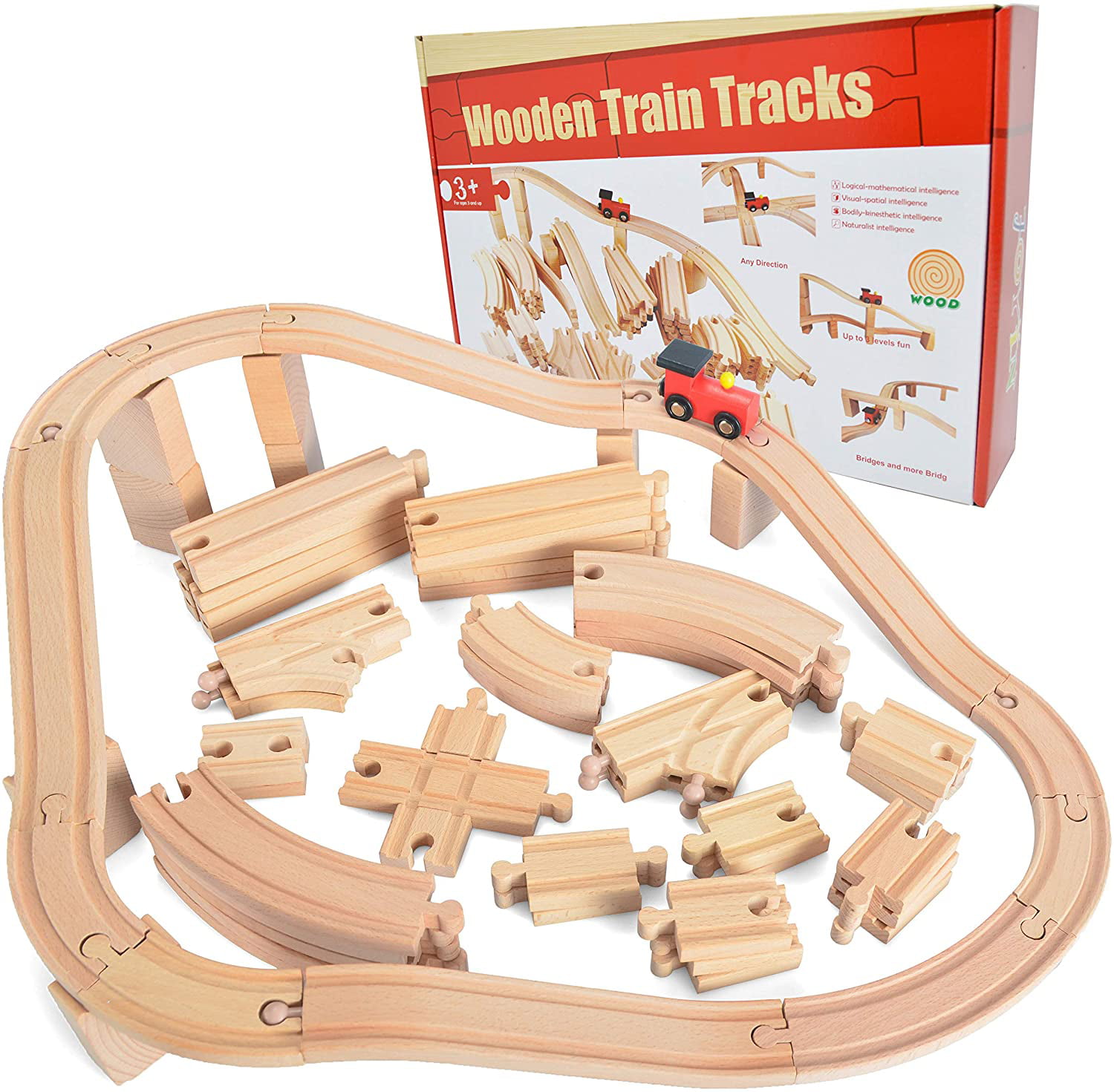 62 Pieces Wooden Train Track Expansion Set + 1 Bonus Toy Train -- NEW  Version Compatible with All Major Brands Including Thomas Battery Operated  