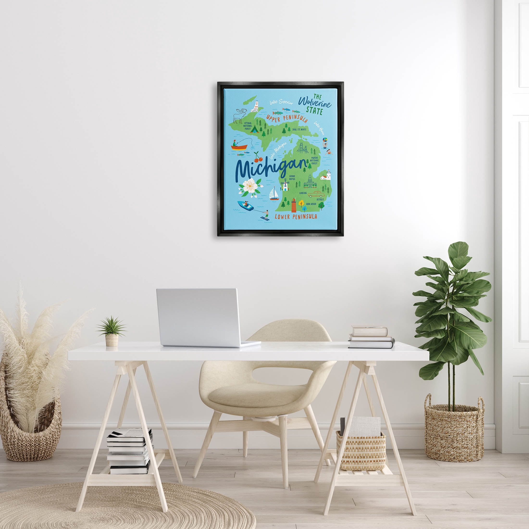 Stupell Industries Everyday Michigan Illustrated Map Graphic Art Jet Black Floating Framed Canvas Print Wall Art, Design by Nina Seven