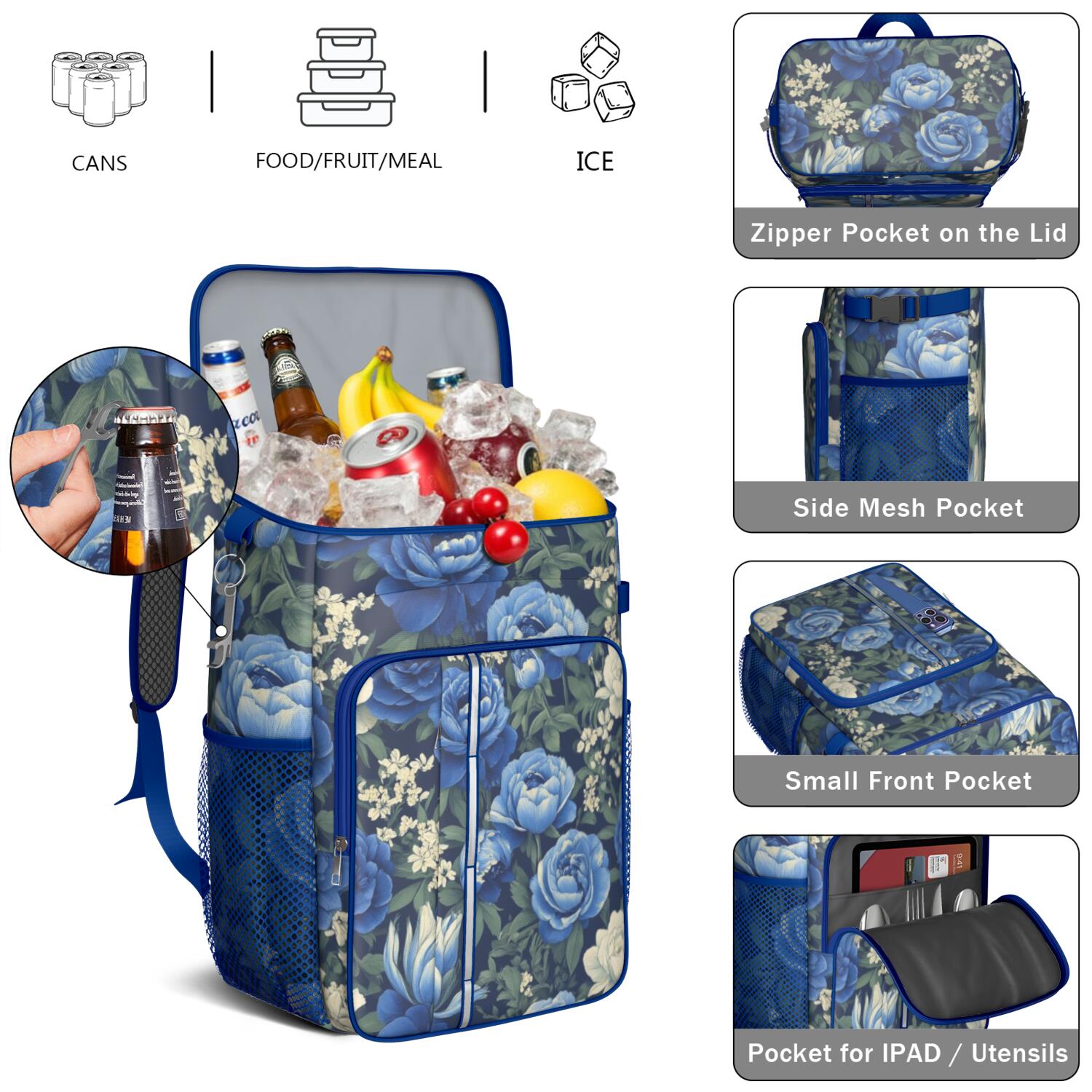 Travel Cooler Bag - Pioneer Flower Floral Print Pattern Camping Beer Cooler Backpack with Bottle Opener- Waterproof Insulated Picnic Backpacks - Cooler Bag for Beach