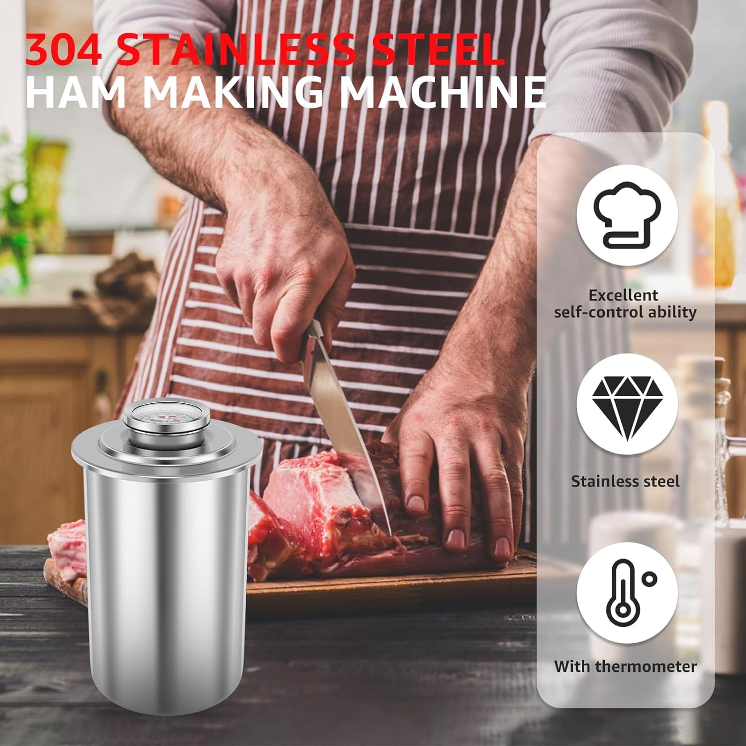 Ham Meat Press Maker with Thermometer, 2026 Stainless Steel Ham Press Maker Machine Gourmet Cooking Tools, Round Shape Meat Press Maker Machine, Kitchen Bacon Meat Pressure Cookers Boiler Pot