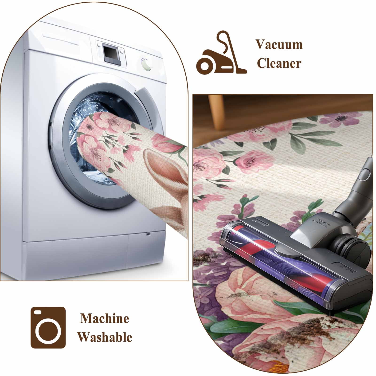 Easter Bunny Roses Area Rugs 2.7'x5', Washable Small Throw Rugs for Kitchen Bedroom, Pink Floral Spring Linen Indoor Outdoor Rug Non-Slip Low Pile Carpet Runner Reversible Floor Mats