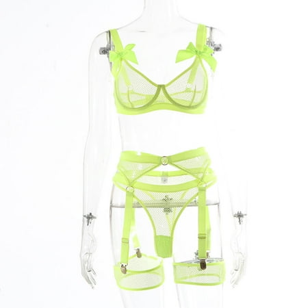 Generic Women s Lace Bow Mesh See-through Adult Sexy Lingerie Three-Piece Set 21774
