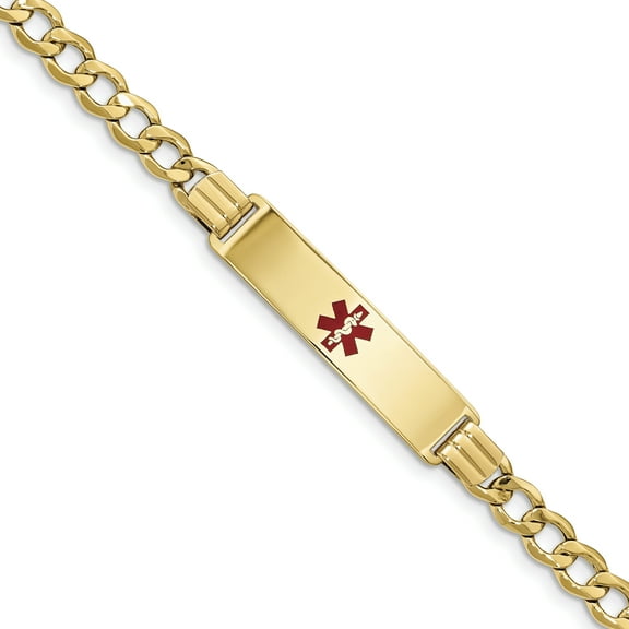 14K Medical Red Enamel Semi-solid Curb Link ID Bracelet (Weight: 10.28 Grams, Length: 7 Inches)