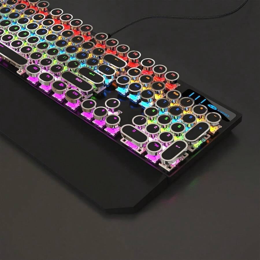 XX Typewriter Mechanical Gaming Keyboard, Retro Black Punk Round Keycaps RGB Rainbow Backlit Wired Keyboards For Laptop PC Gamer, With Magnetic Wrist Rest - Blue Switch