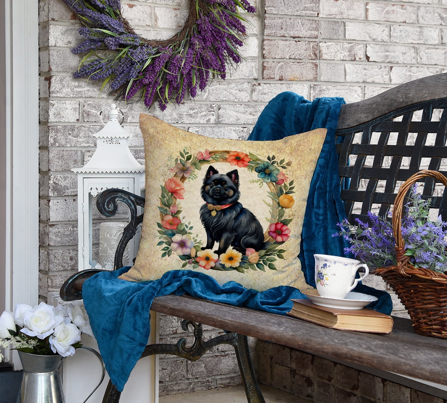 German Spitz and Flowers Fabric Decorative Pillow 18 in x 18 in