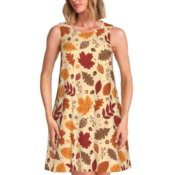 Disketp Autumn Leaves 2 para Vestido sin Mangas para Mujeres, Vestidos de Verano para Mujeres, Casual y Holgado para la Playa
