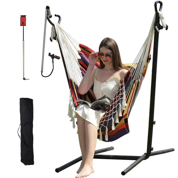 Hammock Chair with Stand Double Hammock Chair Bohemian Style with Tassel Mobile Phone Support