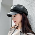 thumbnail image 3 of ruhuadgb Beret Women Spring Summer Beret Retro Solid Color Faux Leather Short Brim Decorative Sun Anti UV Breathable Lady Painter Hat Unisex Octagonal Cap, 3 of 8