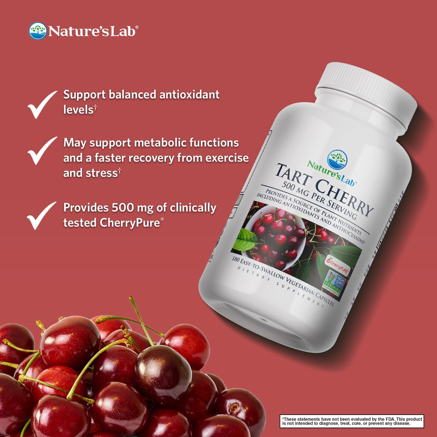 Nature’s Lab Tart Cherry 500mg – 180 Capsules (6 Month Supply) - Contains Powerful Antioxidants & Flavonoids, Supports Metabolic Functions & General Wellness – Non-GMO, Vegan, Gluten Free*