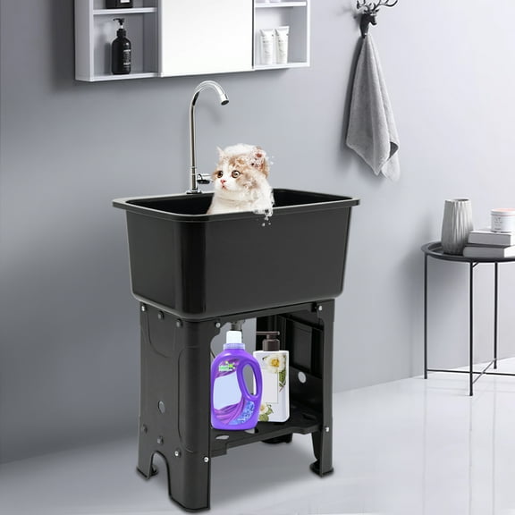 Utility sink laundry tub with black color scheme, large cleaning space (22.0512.610.24 inches), quick drainage, complete set with faucet, hose, and drain pipe