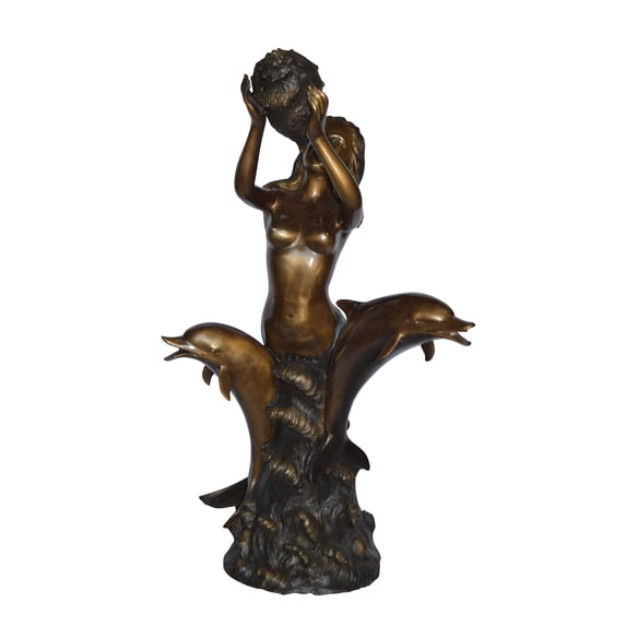 Mermaid with Two Dolphins Bronze Statue Fountain - Size: 26"L x 22"W x 43"H.