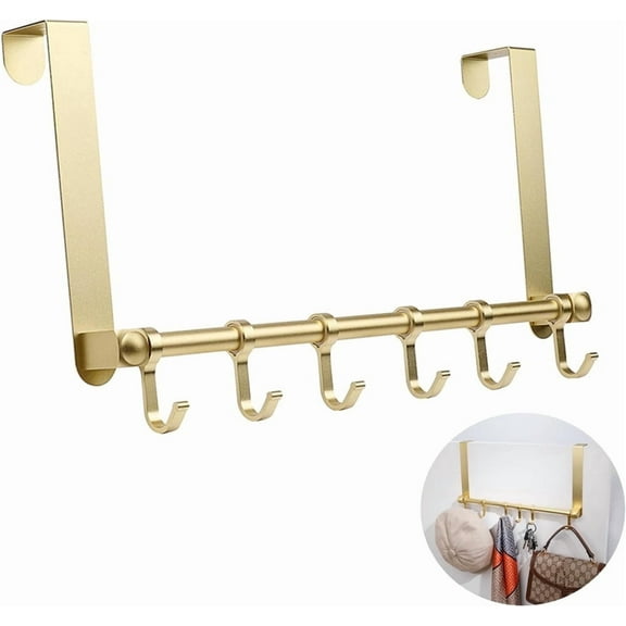 Triani Over The Door Hooks Hanger Space Aluminum Heavy Duty Over Door Hanger with 6 Moving Hooks Hanging Towel Heavy Duty Door Organizer for Bathroom Bedroom Kitchen(Gold)