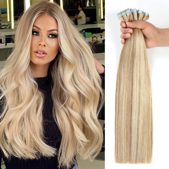 JESSBO Tape in Hair Extensions Human Hair Ash Blonde Highlighted Bleach Blonde 16 inch 20pcs 40g/pack Straight Seamless Skin Weft 100% Real Human Hair