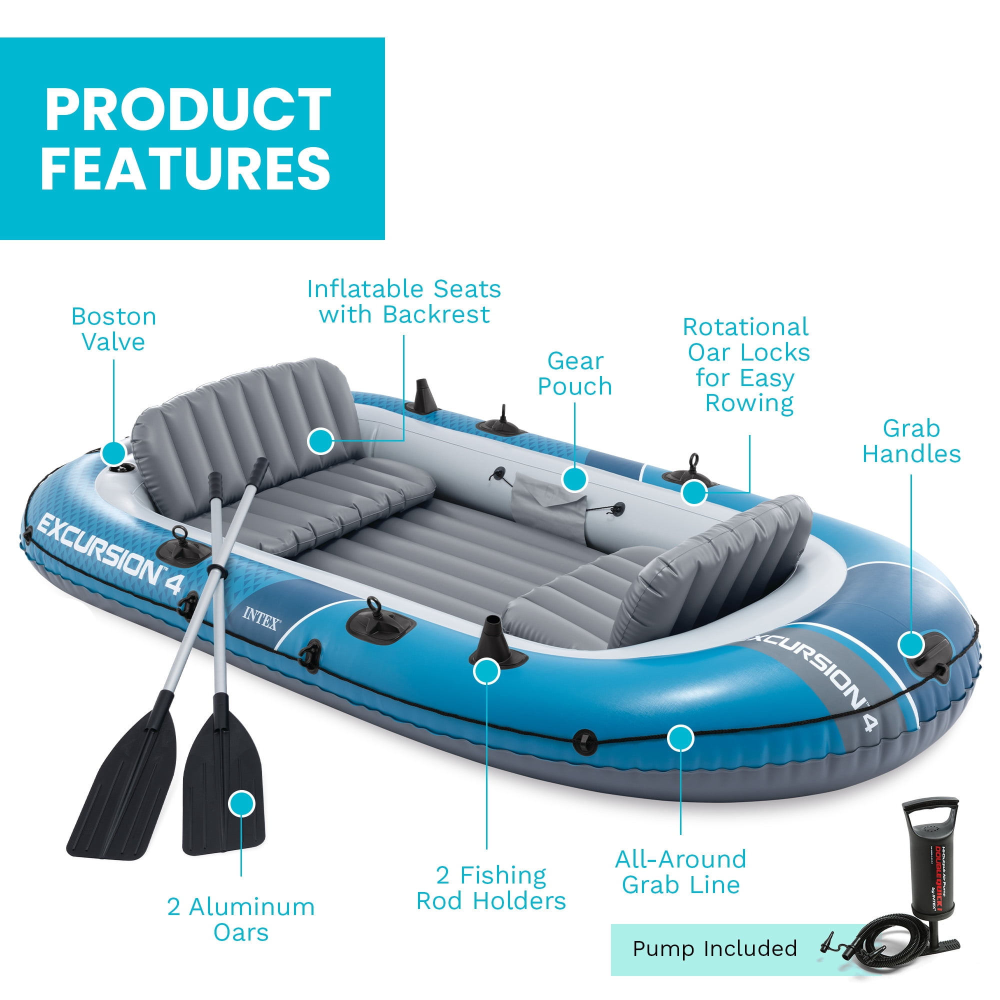 INTEX 66324EP Excursion 4 Inflatable Boat Set w/Oars, Pump, Adjustable Seats & Rod Holders