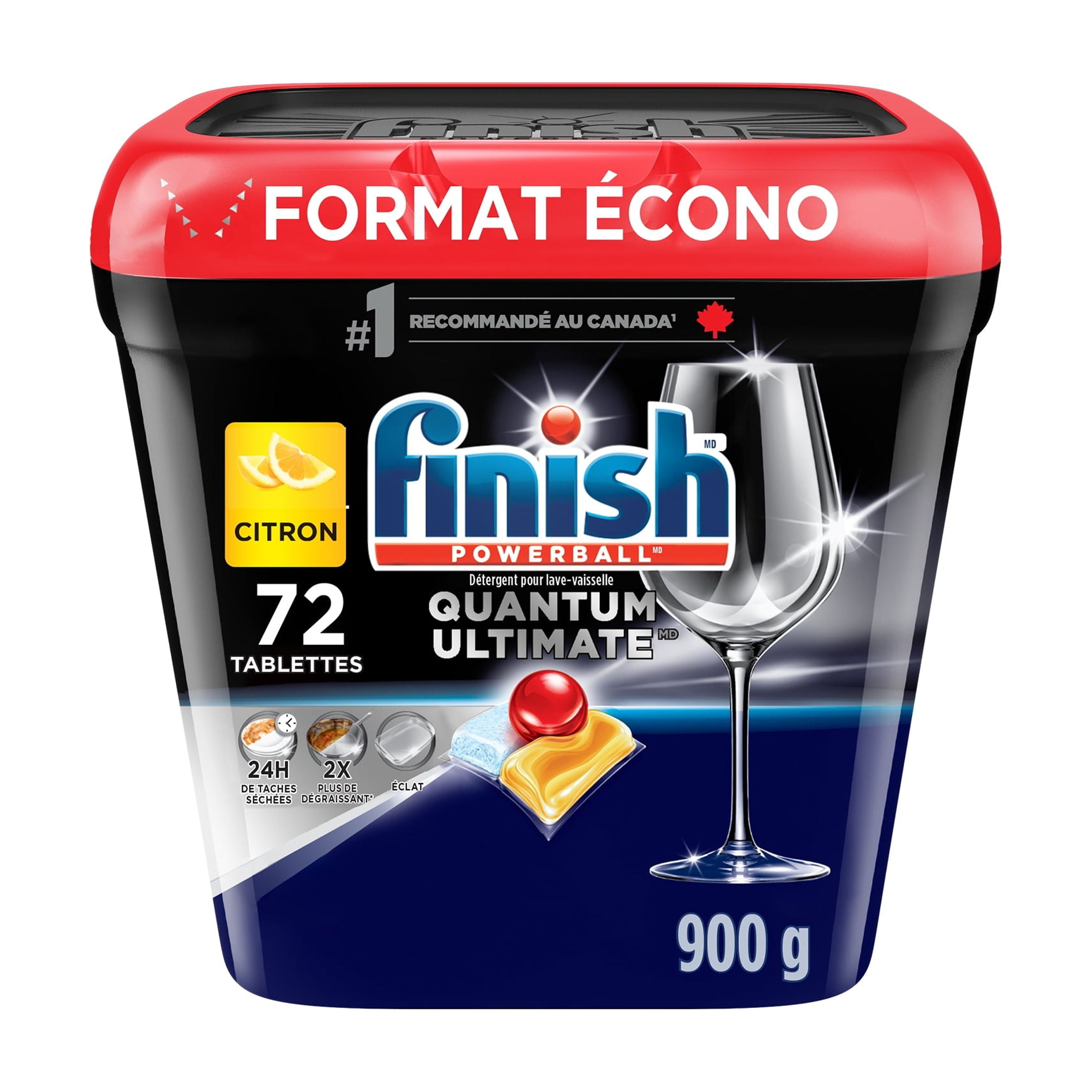 Finish® Quantum Ultimate® Lemon Lessive en dosettes pour lave-vaisselle, pas besoin de pré-sinse, pour un nettoyage en profondeur et une brillance étincelante, 72 comprimés