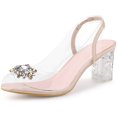 thumbnail image 1 of BLISSFUL STEP Women's Clear Rhinestone Peep Toe Block Heels Sandals Beige US 9, 1 of 6