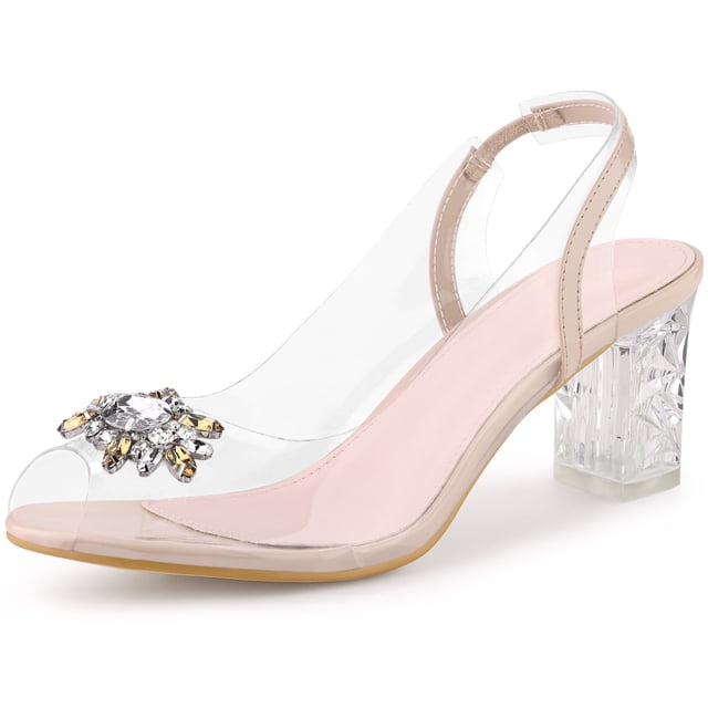 BLISSFUL STEP Women's Clear Rhinestone Peep Toe Block Heels Sandals Beige US 9