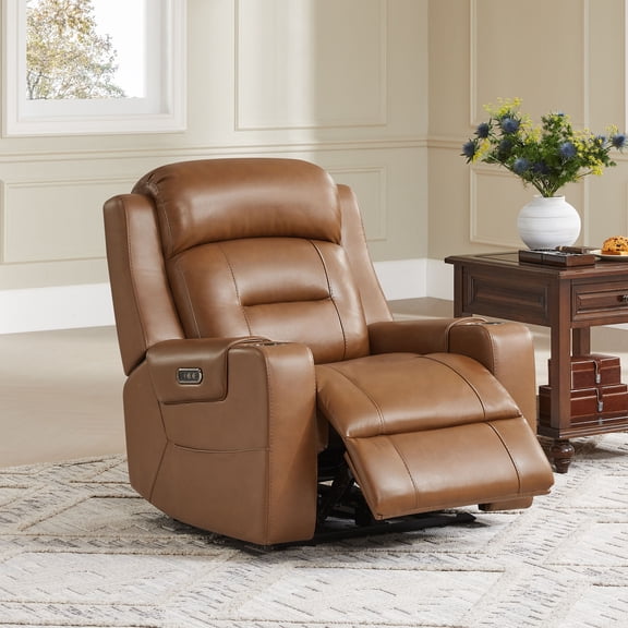 CHITA Power Genuine Leather Recliner Chair Lay Flat Recliner, Saddle