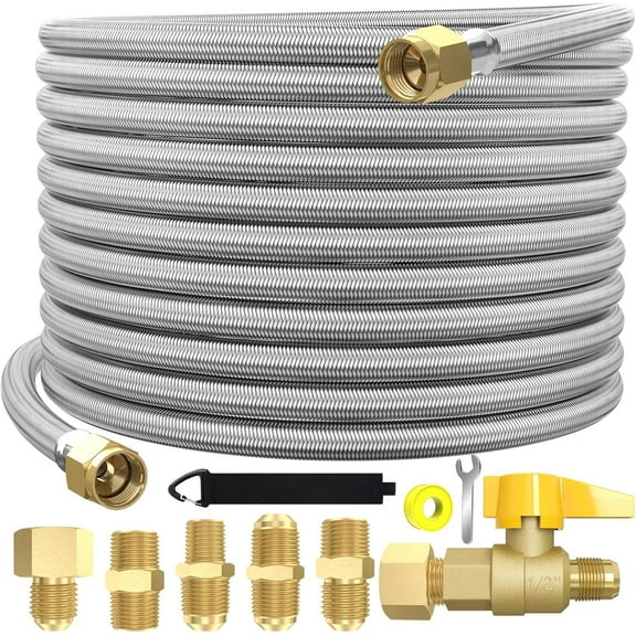 48 FT 350PSI High Pressure Braided Propane Hose Extensions with Brass Gas Ball Valve, with Conversion Coupling 3/8" Flare to 1/2" Female NPT, 1/4" Male NPT, 3/8" Male for BBQ Grill, Fire Pit, Heate