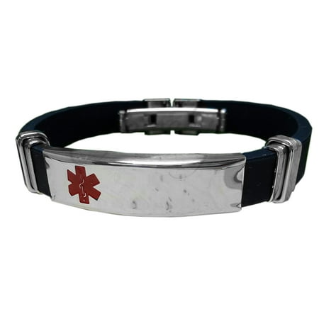 Medical Medical Id Bracelet - Black Rubber Bracelet with Steel Medical ID Plate Engraved Red Medical Alert Icon