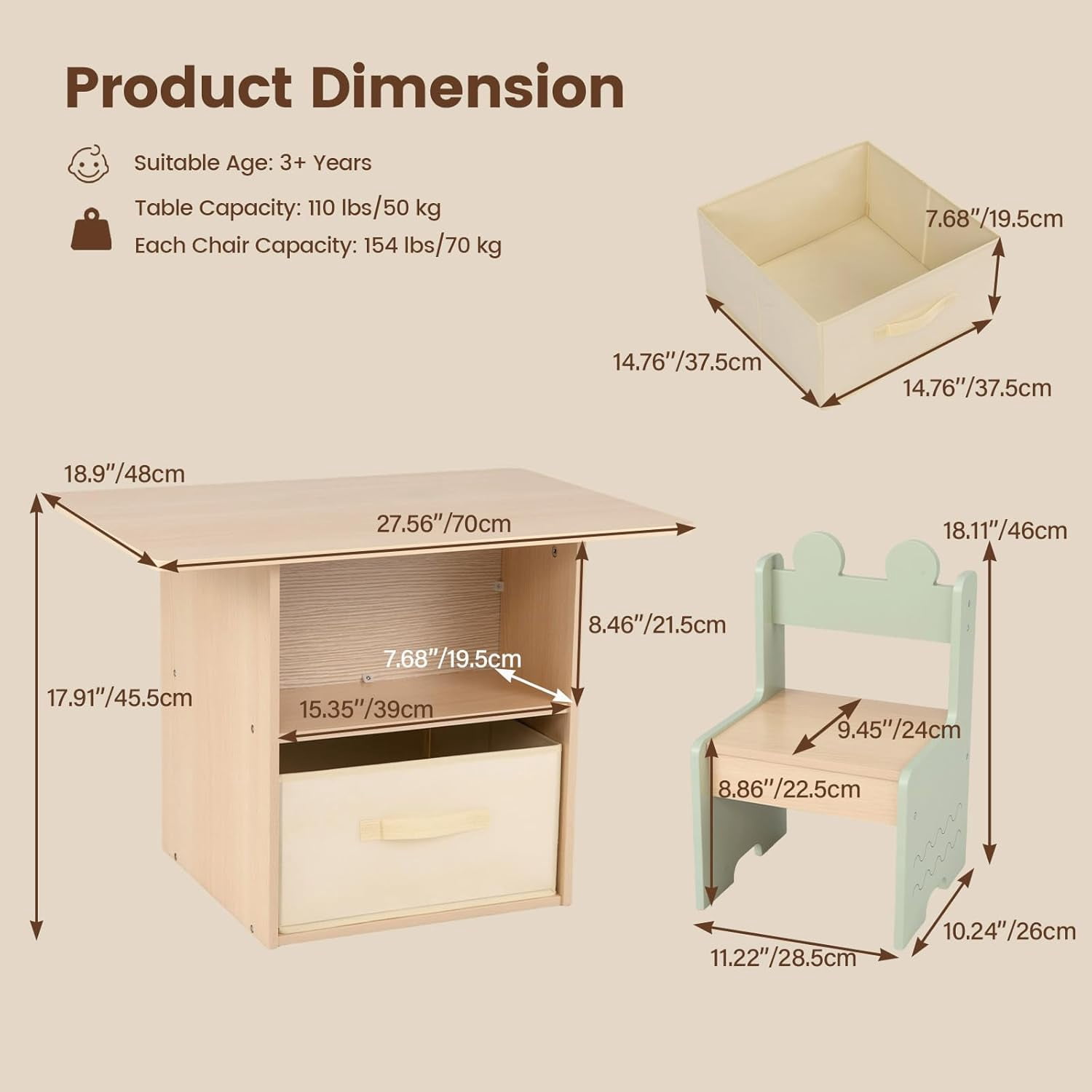 OLAKIDS Kids Table and Chair Set, 4 in 1 Wooden Activity Desk with Foldable Storage Drawer, Children Furniture for Art Crafts Drawing Reading Dining