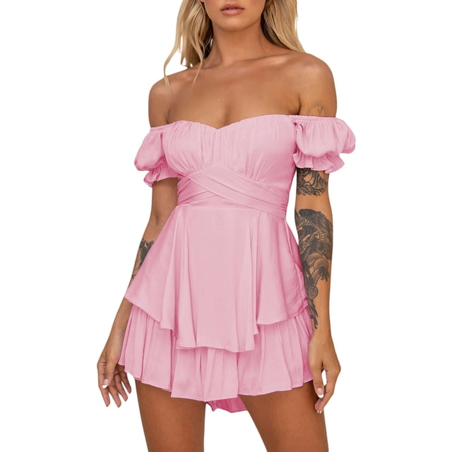 Mono corto de mujer Lucakuins, mono de verano liso de manga corta con hombros descubiertos para fiesta y club Lucakuins moda
