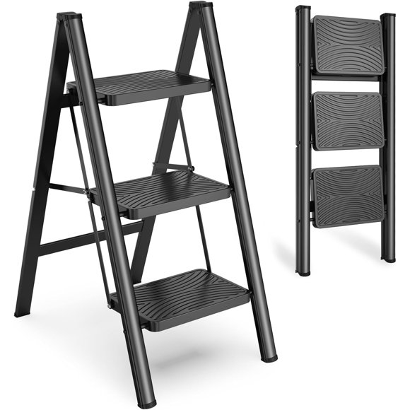 Step Ladder 3 Step Folding, Small Step Stool for Adults, Closet Step Stool Lightweight Kitchen Ladder 3 Step Ladder with Anti-Slip Wide Pedals, Black