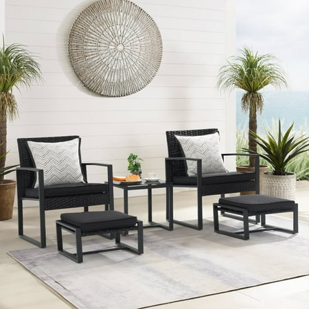 Orange-Casual 5-Piece Outdoor Furniture Set, Patio Steel All-Weather Wicker Conversation Set, with Ottomans & Soft Washable Cushions, Black
