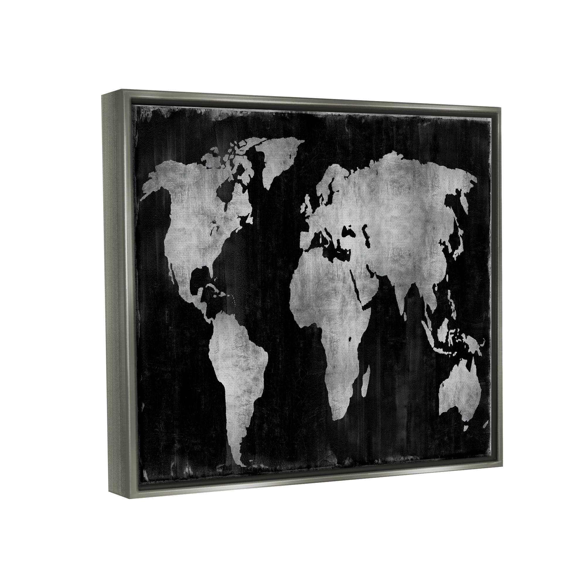 Stupell Weathered Black World Map Travel & Places Painting Gray Floater Framed Art Print Wall Art