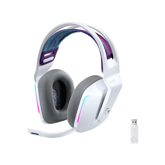 Logitech G733 LIGHTSPEED Wireless Gaming Headset with suspension headband, LIGHTSYNC RGB, Blue VO!CE mic technology and PRO-G audio drivers - White