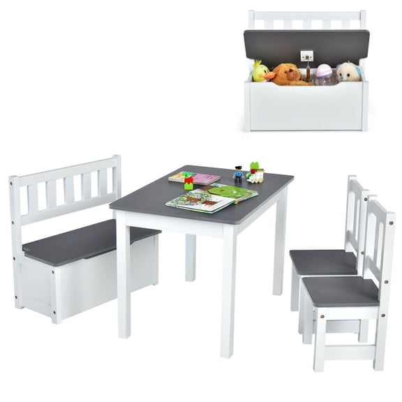 Furnibear 4 Piece Kids Wooden Activity Table and Chairs Set with Storage Bench and Study Desk, Toddler Table and Chairs Set for Playroom, Gray