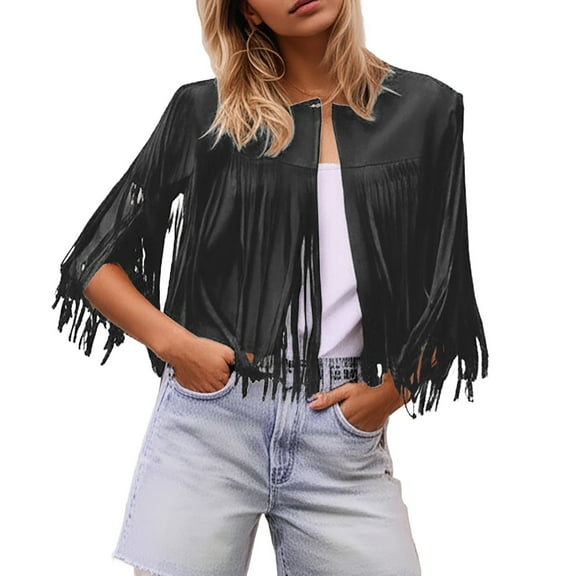 Women's Fringe Suede Vest Pure Color Short Sleeve Jacket