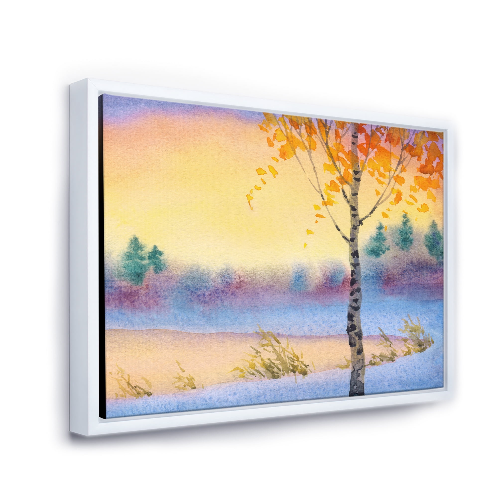 Evening Sky Over Lake Winter Landscape 40 in x 30 in Framed Painting Canvas Art Print, by Designart