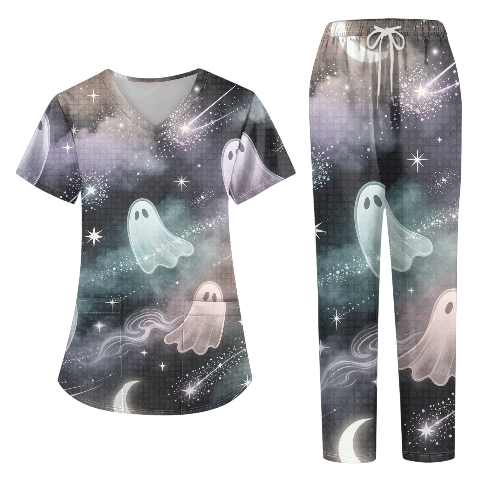 Halloween 2-Piece Scrubs Set for Woman V-Neck Short Sleeve Top & Pants Soft Medical Uniform with Pockets for Nurses Blue XL