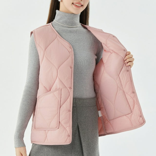 Mevxay Womens Plus Size Puffer Vest Lightweight V Neck Sleeveless Quilted Jackets Button Fall Spring Coat Outerwear with Pocket Pink M