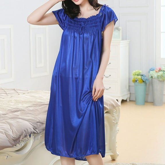 ylioge Silk Nightgowns for Women Casual Lightweight Cap Sleeve Sleepshirts Ladies Solid Color Loose Pullover Loungewear Long Dresses