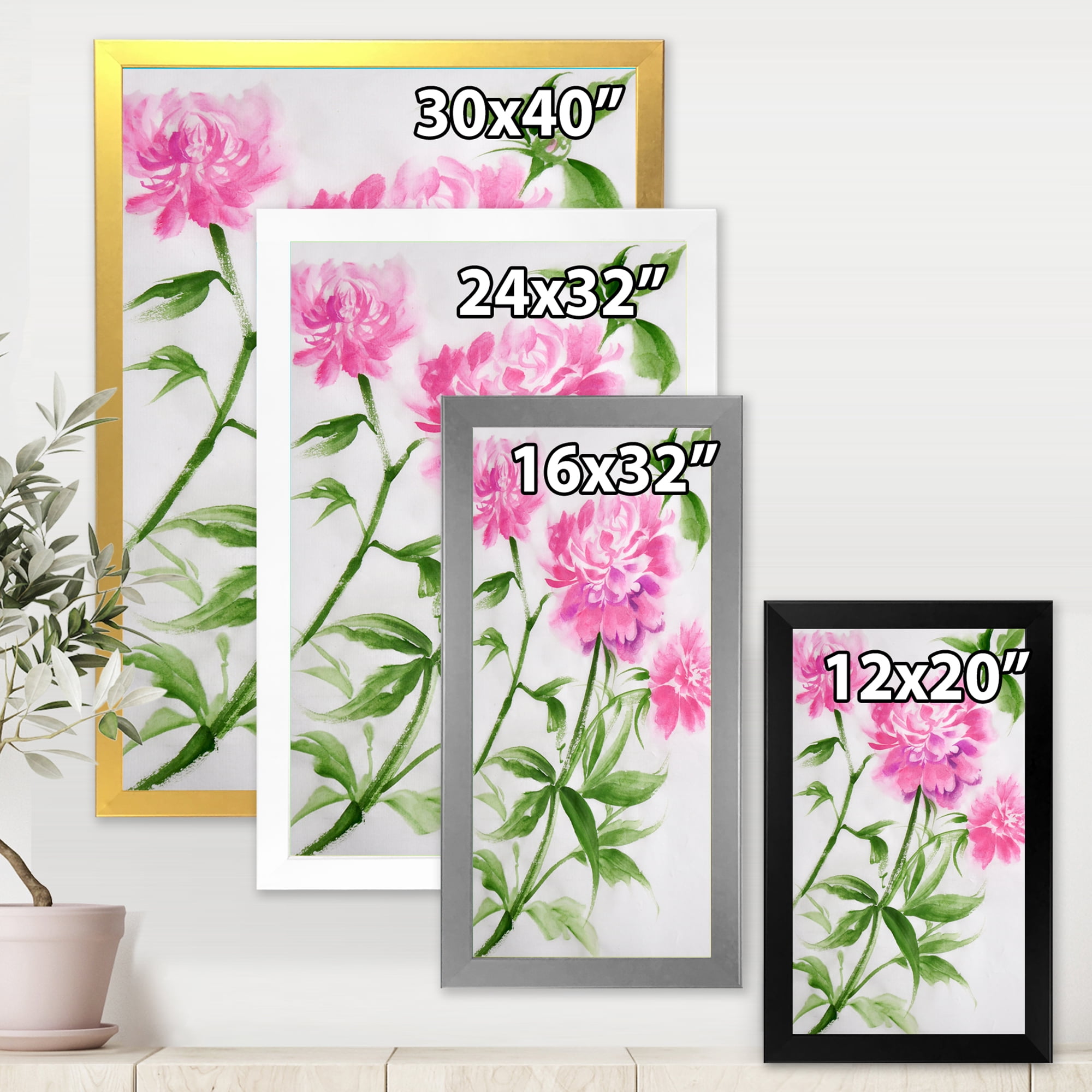 Designart 'Purple Peonies With Green Bush II' Traditional Framed Art Print