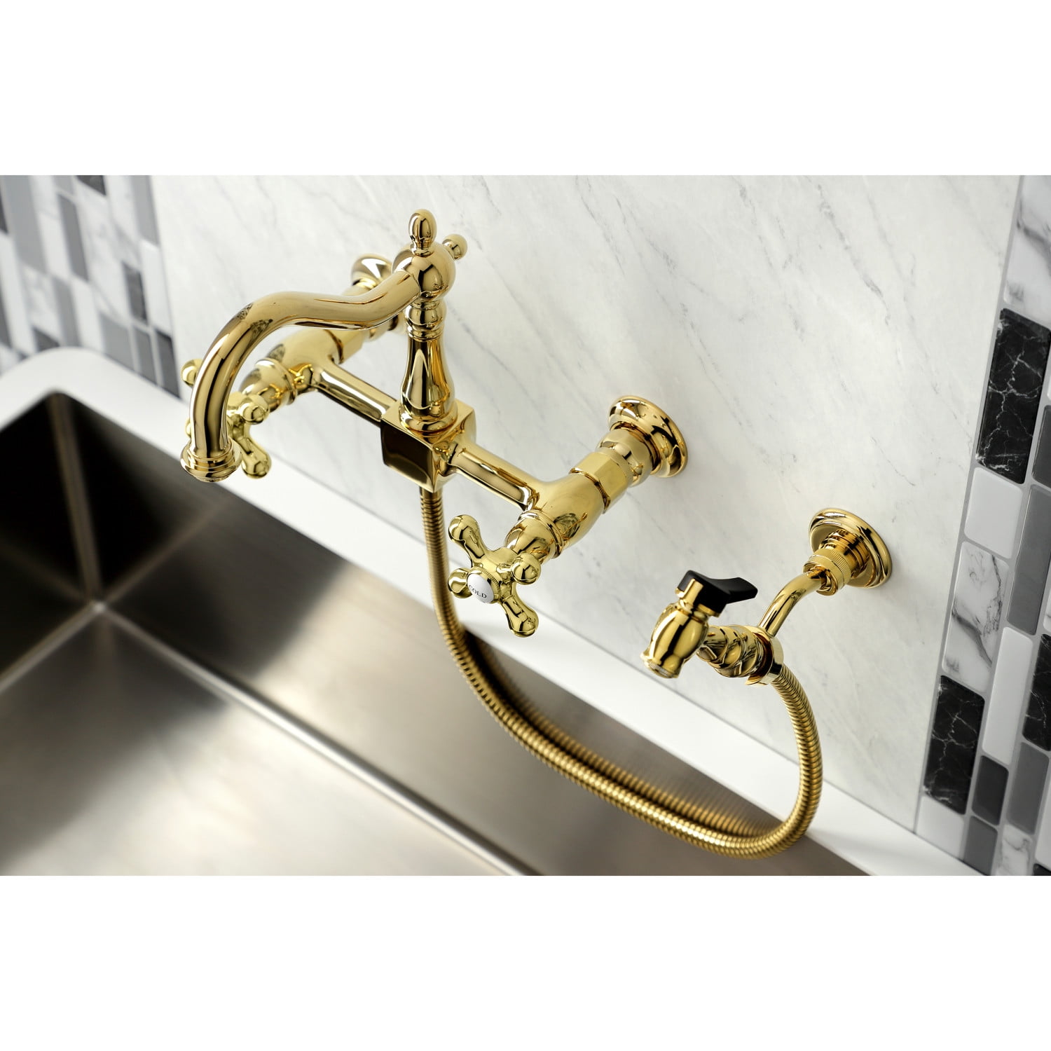 Kingston Brass KS1262AXBS Heritage Wall Mount Bridge Kitchen Faucet with Brass Sprayer, Polished Brass