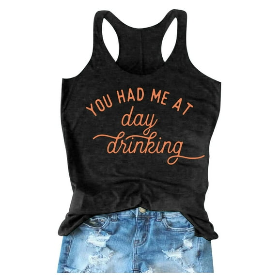 Tank Top for Women You Had Me At Day Drikin Summer Letter Printed Round Neck Sleeveless Tank Top Going Out Tops for Women, Color:Orange, Size:M