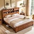 thumbnail image 2 of KeyWhat Farmhouse King Size Bed Frame with 54" Tall Storage Bookcase Headboard, Wood Platform Bed Frame with 2 Drawers, No Box Spring Needed, Reclaimed Barnwood, 2 of 6