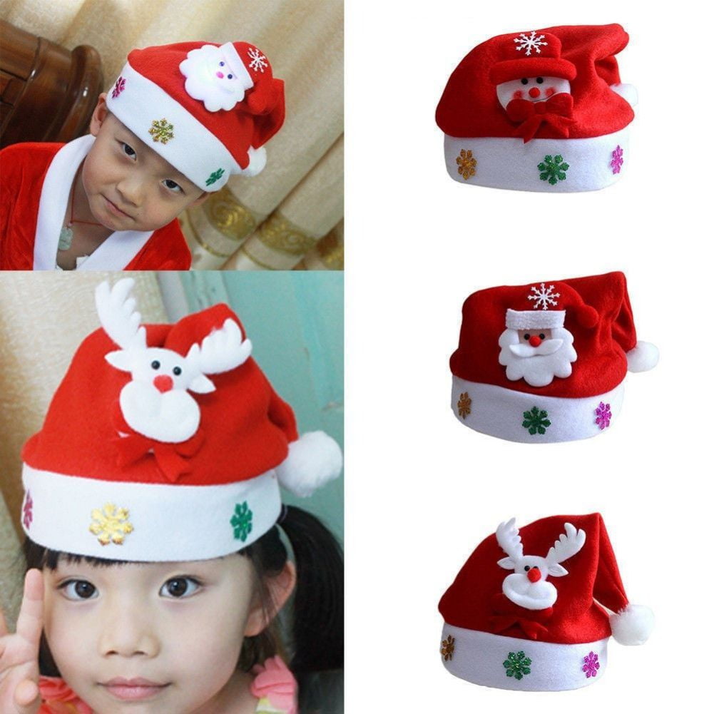 Kid Christmas Hat for Kids Adult Funny Santa Snowmen Reindeer Christmas Party Hat 3 Pack LED Light Up Headband Soft Comfort Flannel Christmas Party Kit 11.4 Inch Wide Size for Adult or Children over 8