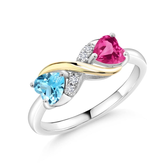 Gem Stone King 1.19 Ct Swiss Blue Topaz Pink Created Sapphire 925 Silver and 10K Yellow Gold Lab Grown Diamond Ring