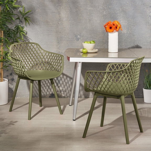 Christopher Knight Home Poppy Plastic Outdoor Dining Chairs Set of 2, Mesh Back Design, Olive Green