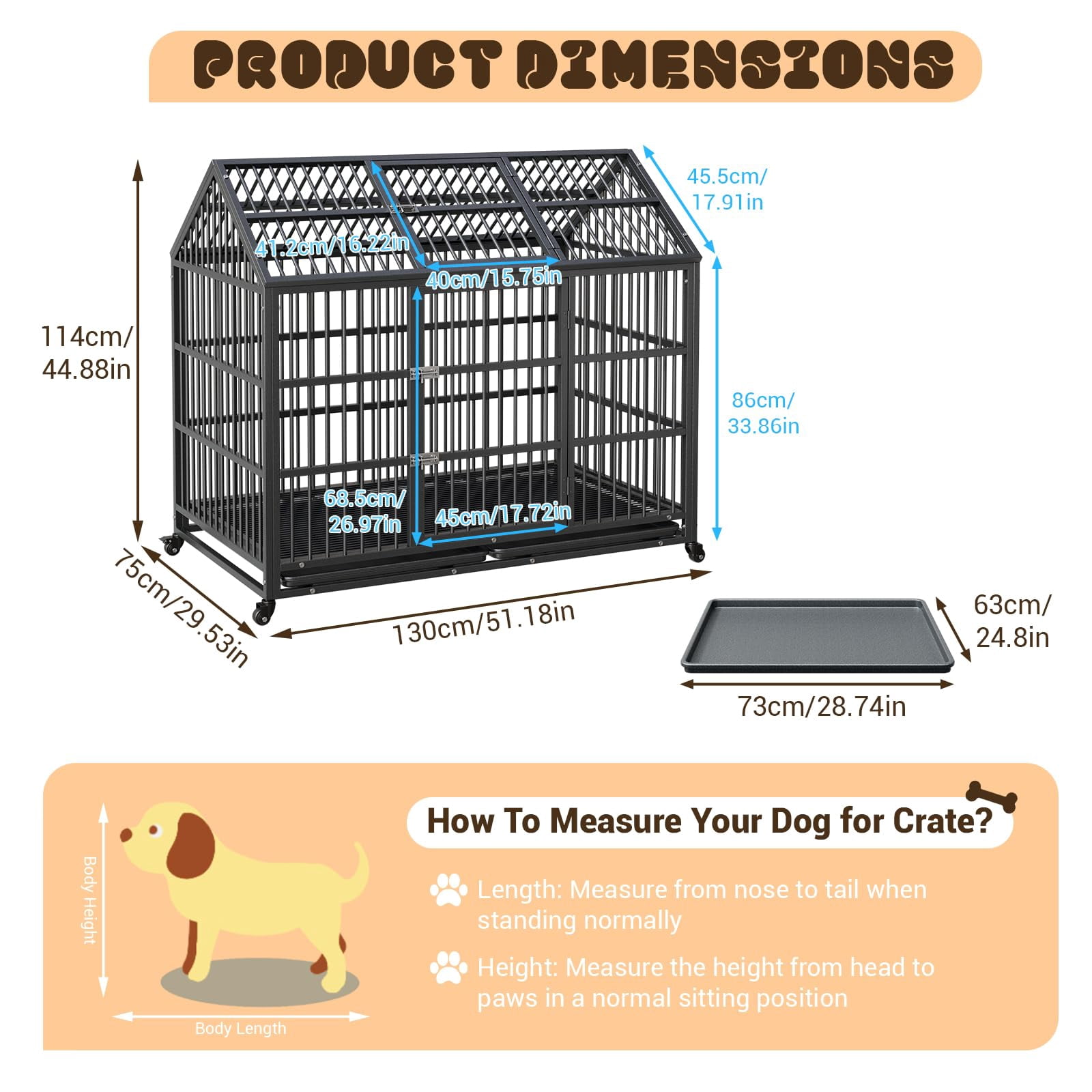 Garvee Heavy Duty Dog Crate, 52 Inch Indestructible Metal Dog Kennel Cage for Large Medium Small Dogs, Indoor Dog Crate with Lockable Wheels and Removable Tray