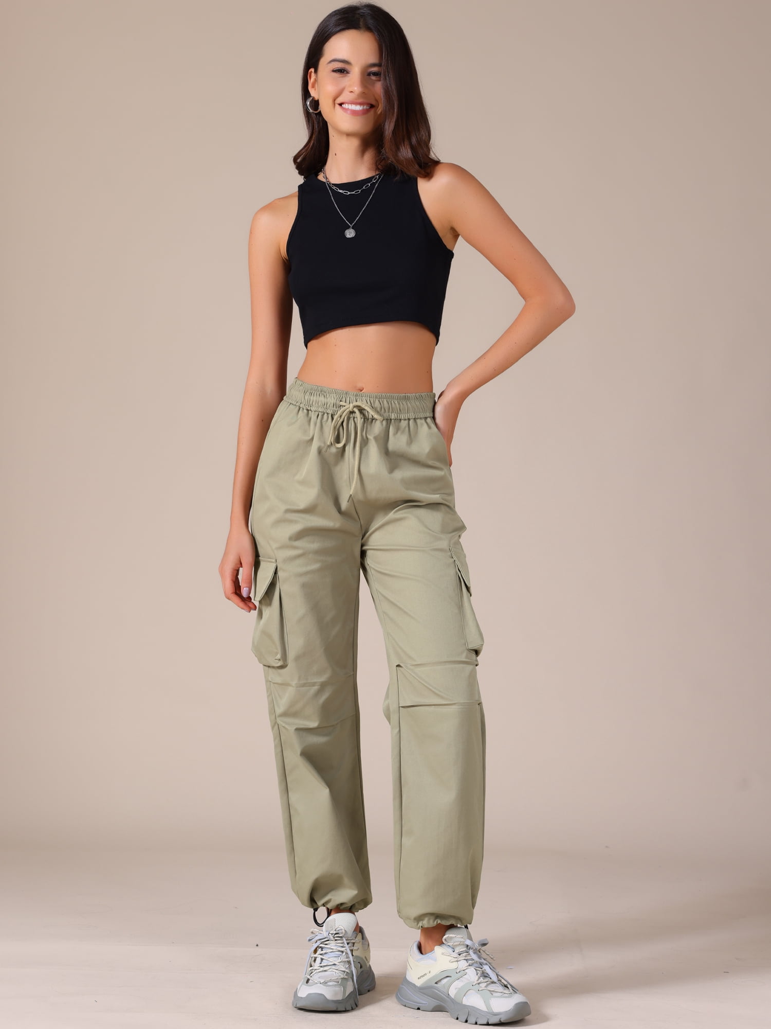 DARING DIVA Women's Cargo Joggers Streetwear Pockets Casual Pants X-Small Grey Khaki
