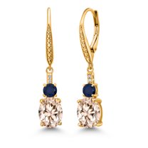 Gem Stone King 18K Yellow Gold Plated Silver Morganite Peach and Blue Sapphire Dangle Earrings for Women with Lab Grown Diamond (3.93 Cttw, Oval 9X7MM)