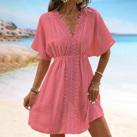 Women Fashion Summer V-neck Solid Color Ice And Lace Patchwork Beach Skirt Bikini Swimsuit Over Top  Lightweight  Ice Lace  Beach Cover-Up  Swimsuit Top  Casual  Poolside  Quick Dry  Fashionable  Sum