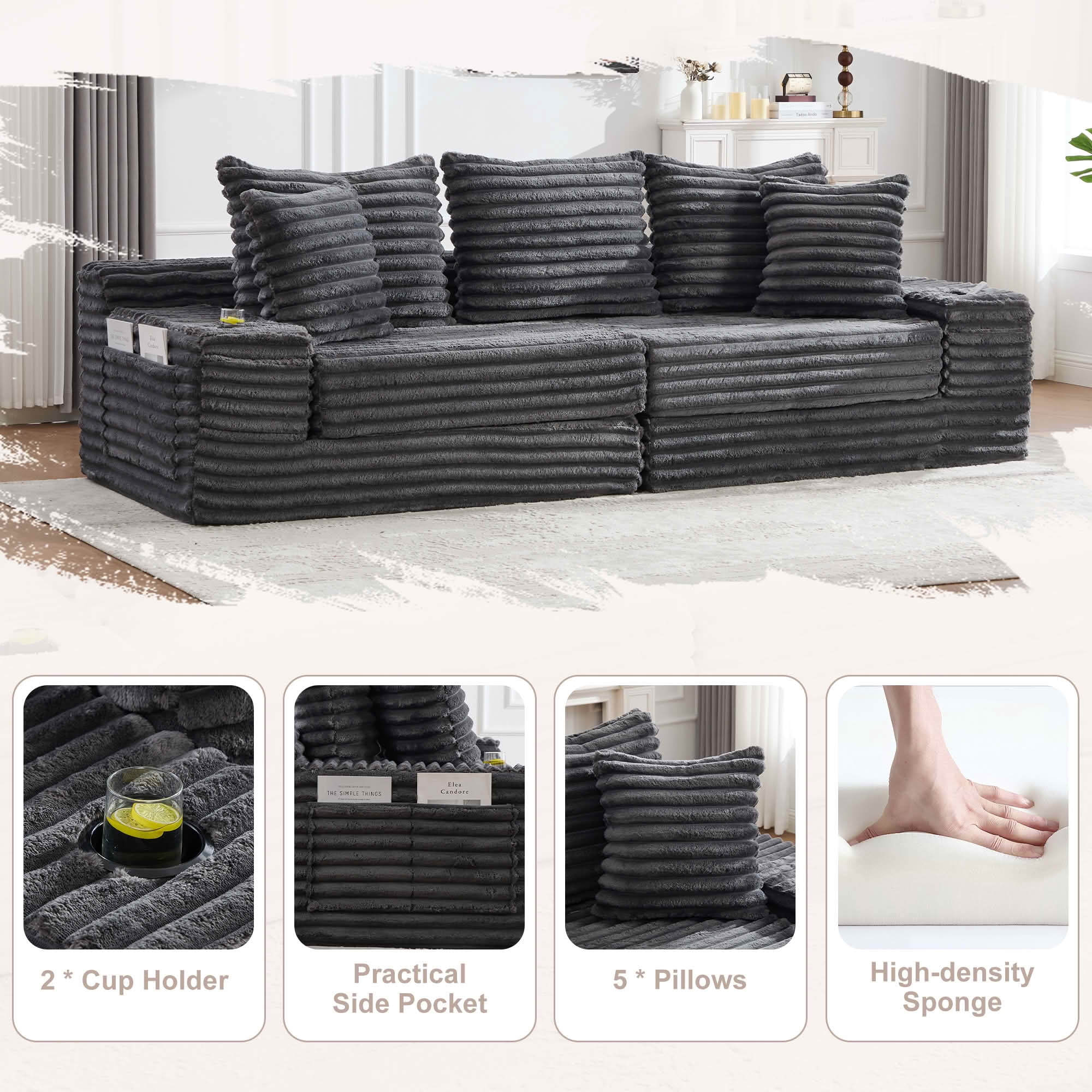 MAYEERTY 4-Seater Boneless Cloud Sofa Bed, Breathable Corduroy Upholstered Couch with Pillows, Cup Holders & Side Pockets, No Assembly for Home Small Spaces
